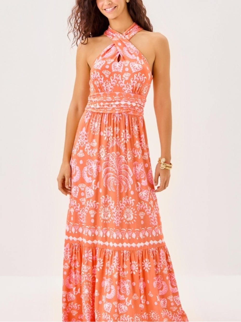 Lilly Pulitzer Montecito Halter Maxi Dress Papaya Breezy Palm Engineered Print - Picture 3 of 10